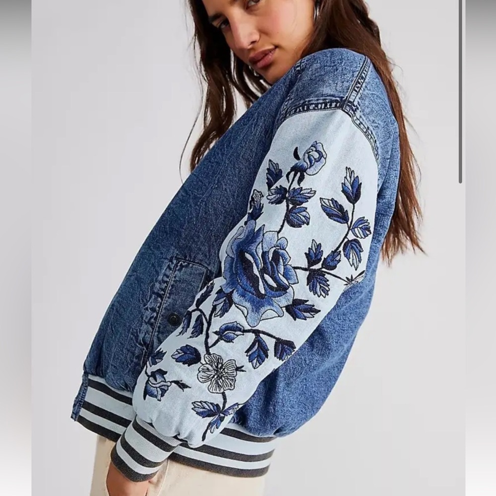 We The Free Embroidered Team Spirit Denim Jacket - Blue Floral
